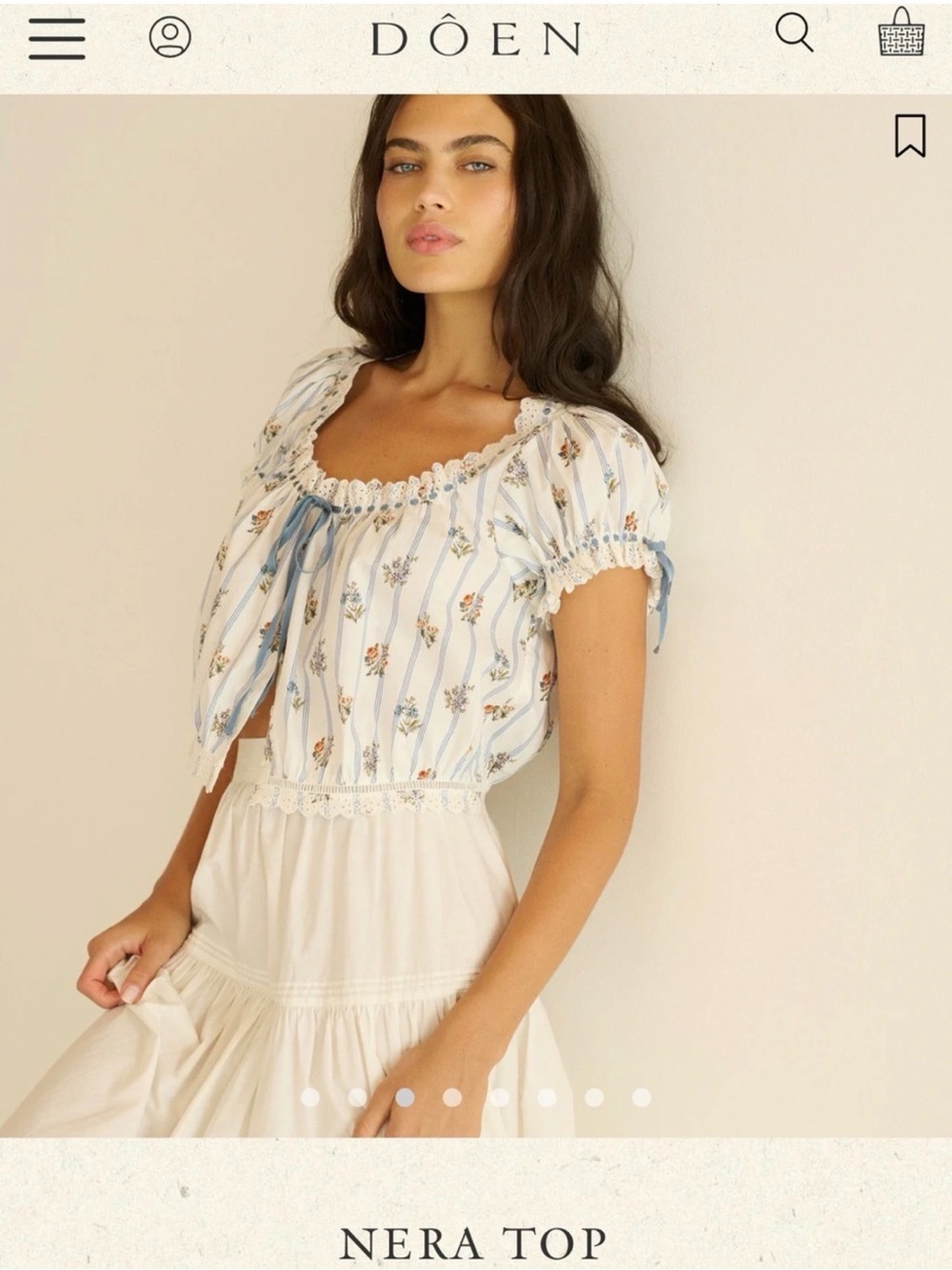 Doen Nera White Floral Peasant Blouse with Blue Stripes - Picture 7 of 7